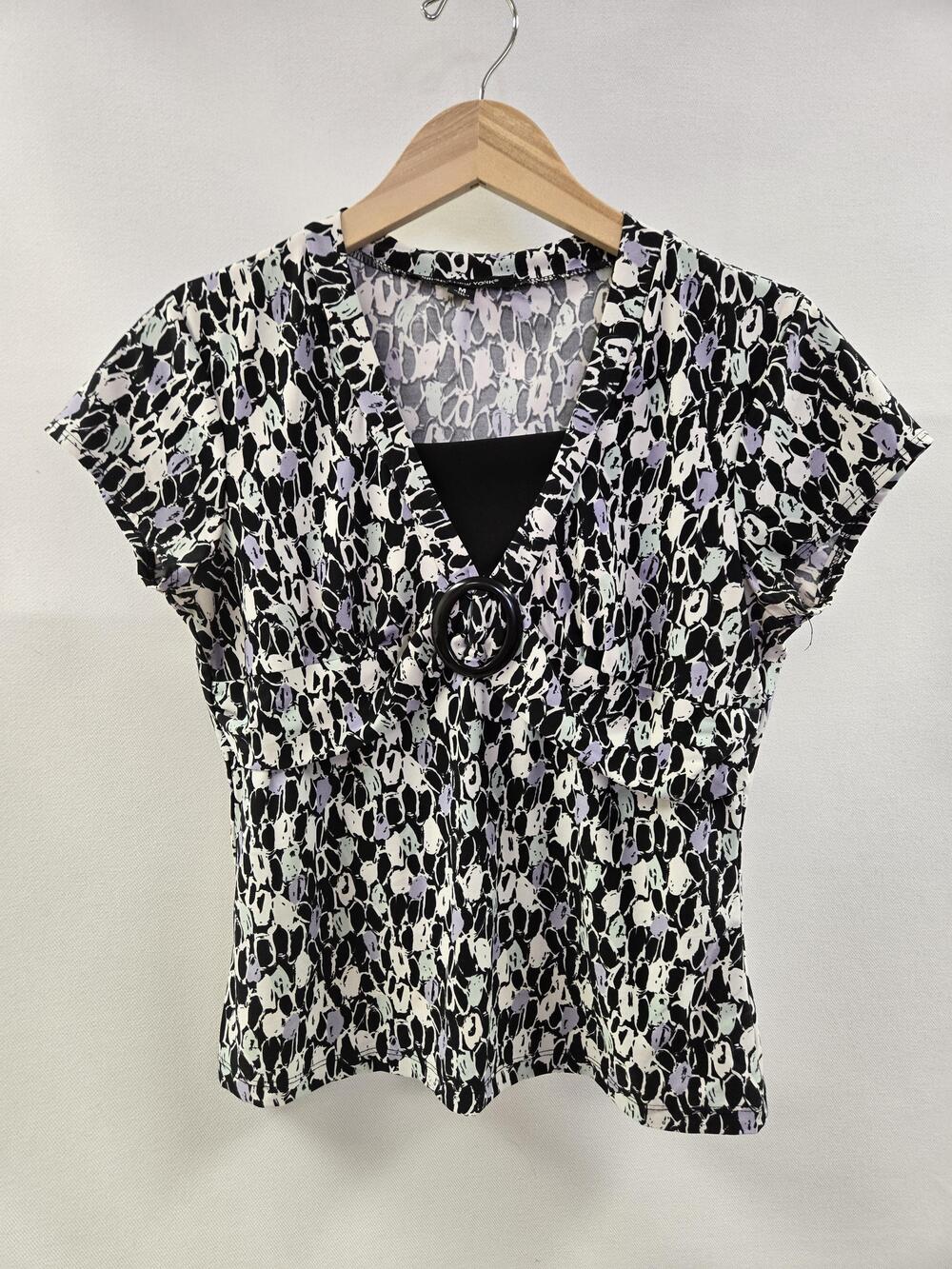 Briggs New York Blouse Womens Medium Abstract Print Ring V-Neck Black White